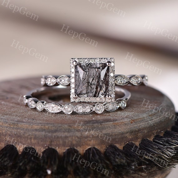 Princess Black Rutilated Quartz Engagement Ring Set,silver White