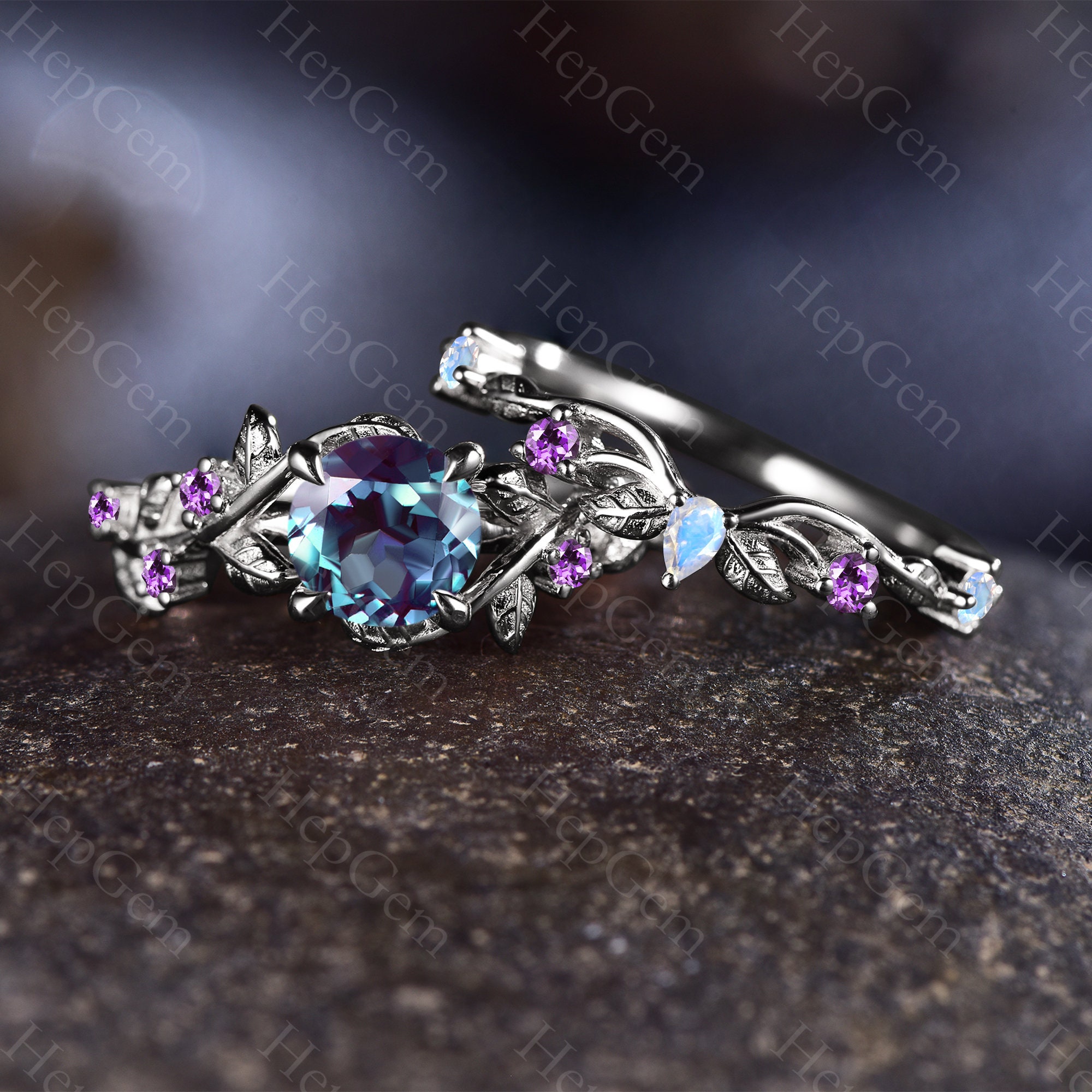 Nature Inspired Color-change Alexandrite Moonstone Bridal Set Twig Vine Nature Inspired Color-change Alexandrite Moonstone Bridal Set Twig Vine