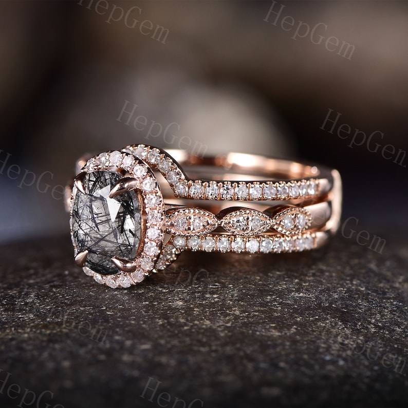 Vintage Black Rutilated Quartz Engagement Ring Setsilver Rose - Etsy