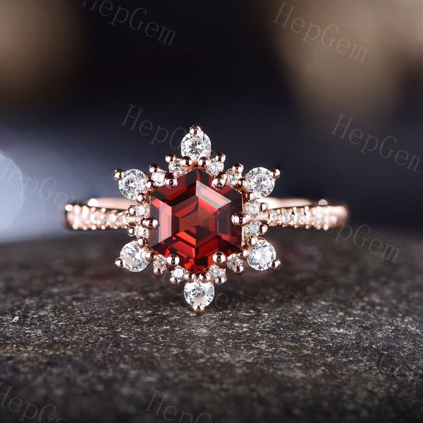 Hexagon Shape Garnet Engagement Ring,Rose Gold Snowflake Moissanite Ring,Art Deco Halo Stack Wedding Ring,January Birthstone Ring Gift