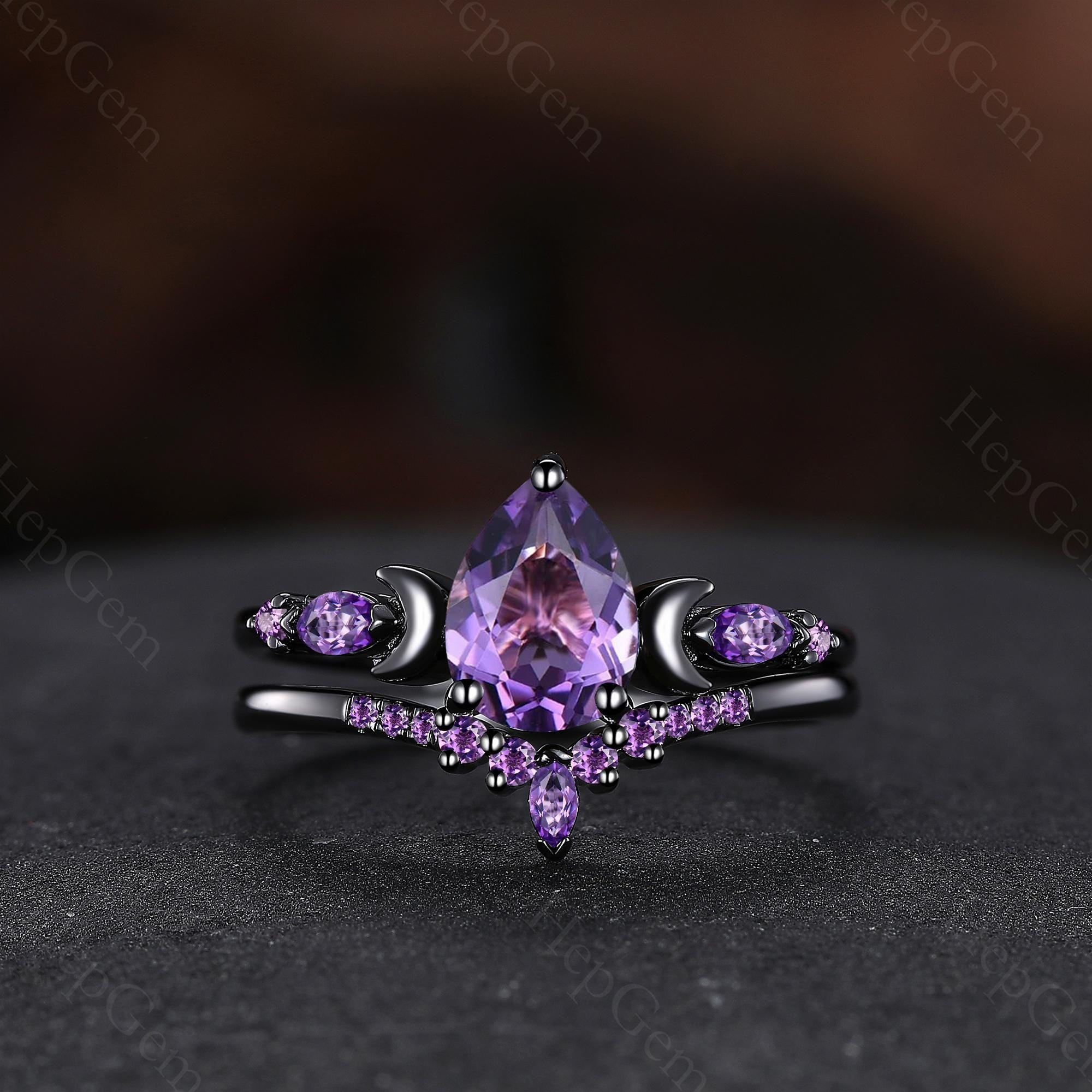 Gothic Pear Amethyst Engagement Ring Unique Black Promise Ring Crescent Moon Bridal Set February Birthstone Wedding Ring Set for Women