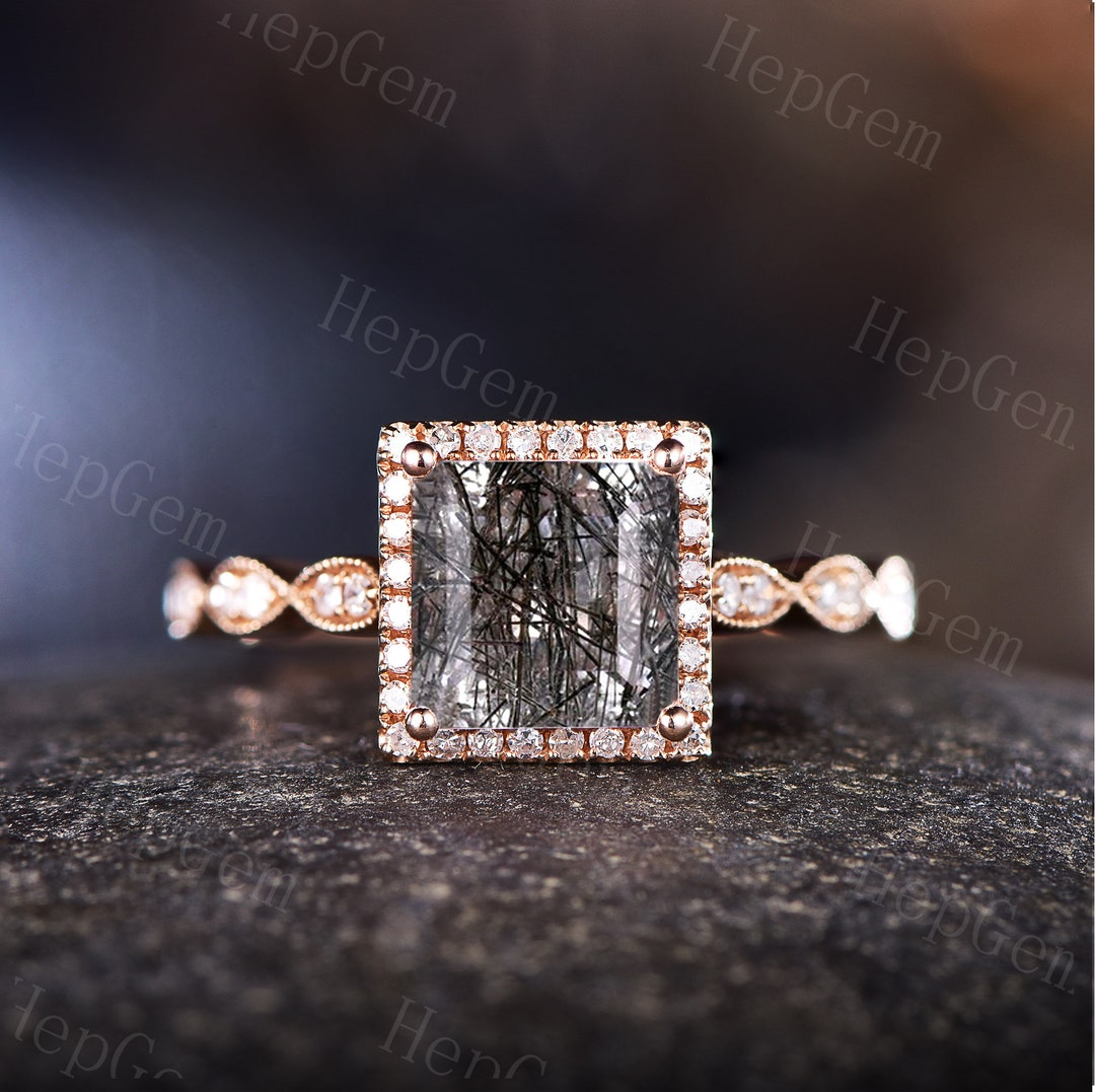 Princess Black Rutilated Quartz Engagement Ring,rose Gold Bridal Ring Princess Black Rutilated Quartz Engagement Ring,rose Gold Bridal Ring