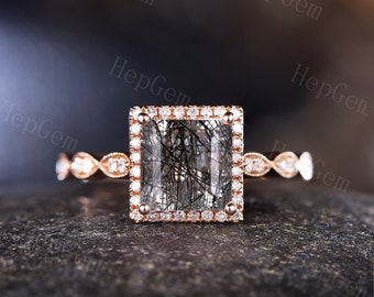 Anello di fidanzamento al quarzo rutilato nero della principessa, anello da sposa in oro rosa, anello da donna moissanite al quarzo rutilato nero halo, regalo di promessa per lei