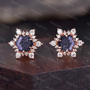 Hexagon Blauer Sandstein Ohrringe, Rosegold Moissanite Halo Ohrringe, Silber Ohrringe, Schneeflocke Zierlicher Galaxy Schmuck, Geschenk zum Jahrestag