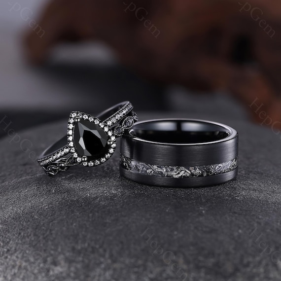 3pc Black Onyx Couple Rings His and Hers Wedding Band Black