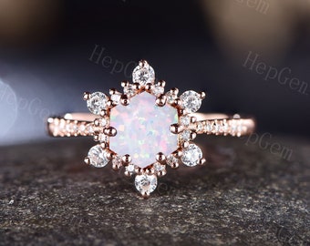 Fire Opal Engagement Ring/Snowflake Art Deco Halo Anniversary Stack Ring/October Birthstone Proposal Ring/Art Halo Antique Ring/Gift For Her