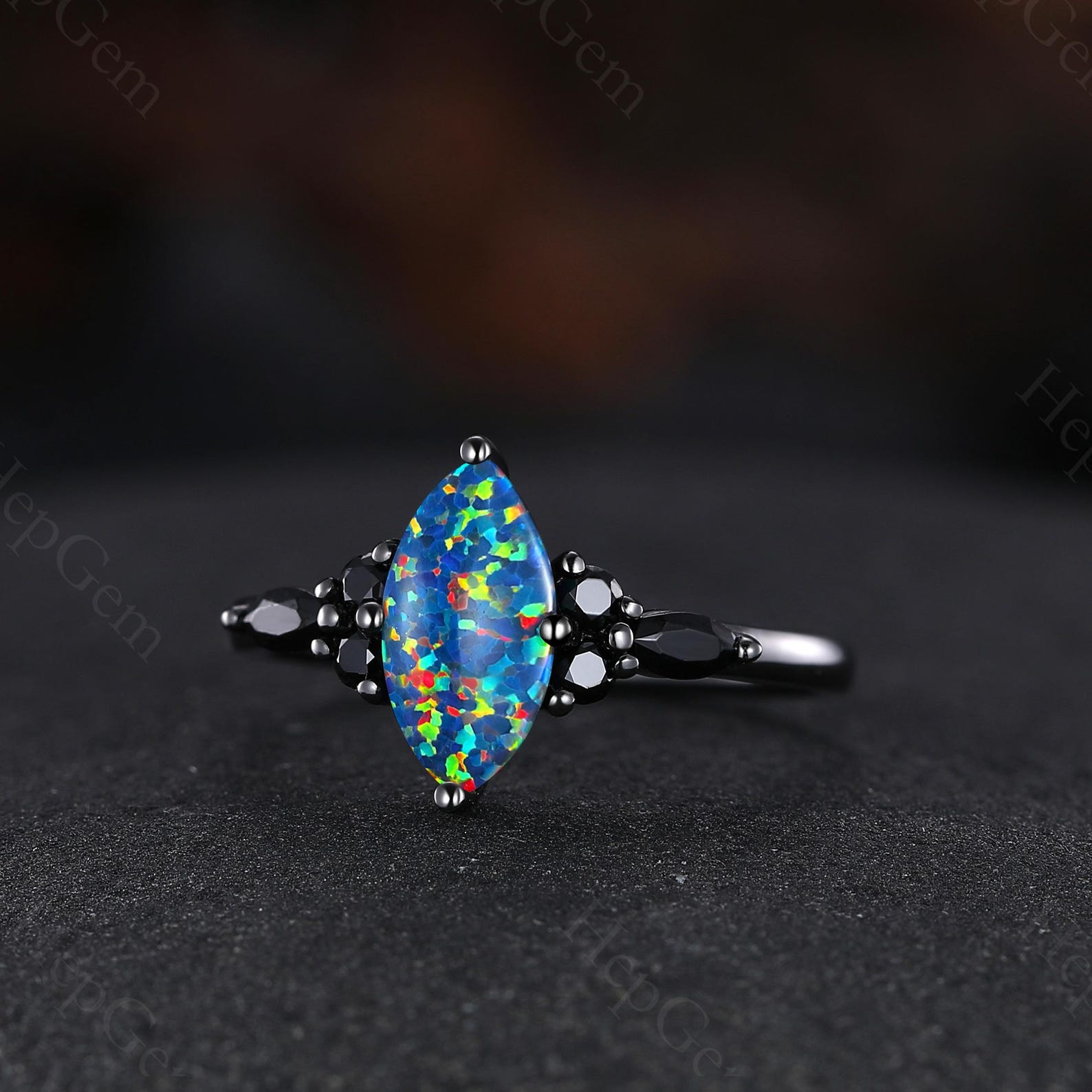 Opal Ring Black Opal Ring Black Gold Fire Opal Engagement Ring Marquise ...
