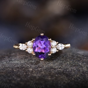 Oval Amethyst Engagement Ring,Silver Rose Gold Leaf Ring,Marquise Moissanite Stack Ring,Birthstone Ring,Vintage Amethyst Anniversary Gift