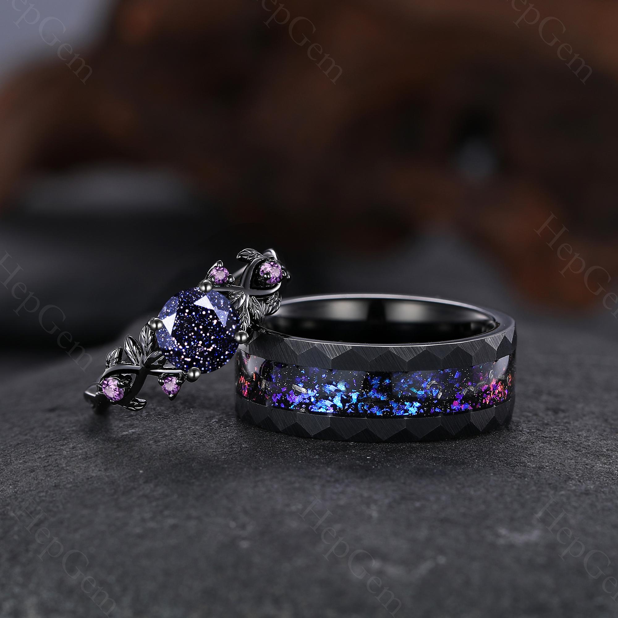 アスティエ　クリスマスオーナメント　ENGAGEMENT RING BLACK Nature Inspired Black Opal Leaf Engagement Ring Set, Rhodium Black