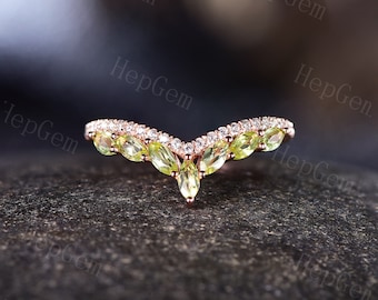 Curved V Shaped Wedding Band,Marquise Peridot Birthstone Wedding Ring,Stack Wedding Band,Rose Gold Ring,Anniversary Ring,Gift For Women