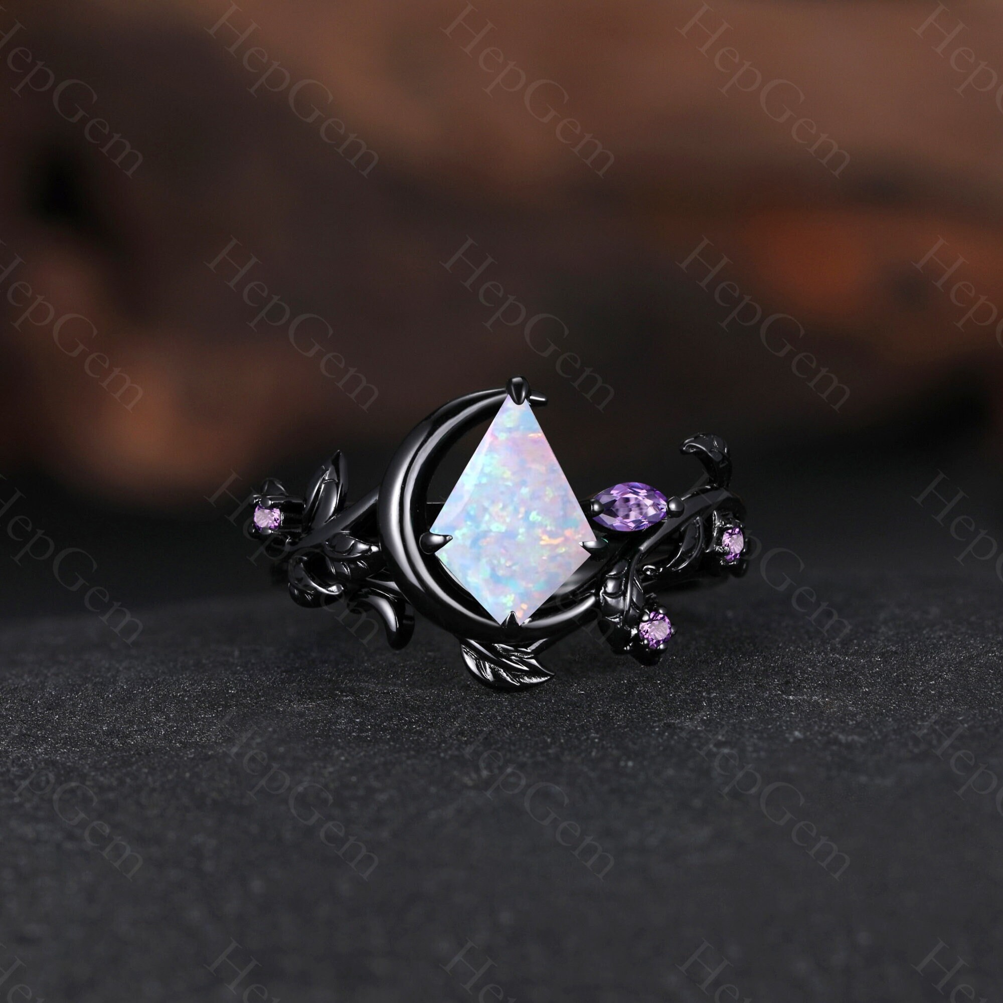 Vintage Kite Opal Ring Set, Moon Leaf Ring, Black Gold Amethyst Ring, Amethyst Ring, Birthstone Ring, leaf ring, Gifts