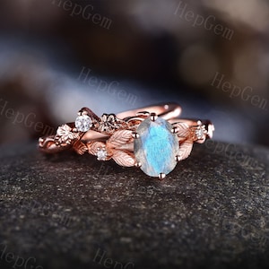 Natural Blue Labradorite Ring Set,Silver Rose Gold Ring,Natural Engraved Moissanite Wedding Ring,Labradorite Bridal Ring,Ring Gift For Women