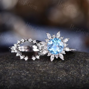 Antique Sky Blue Topaz Engagement Ring Set,Silver White Gold Marquise Moissanite Ring,Snowflake Statement Ring,December Birthstone Gift