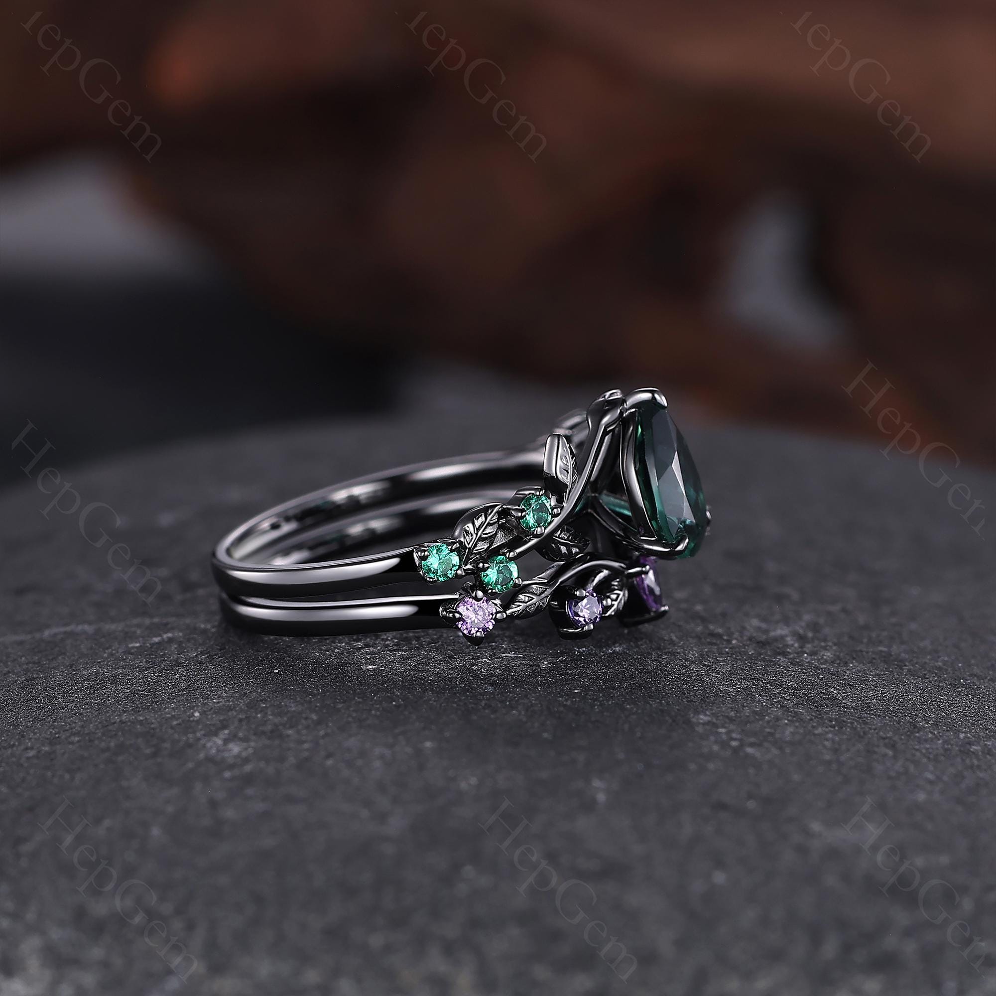 Vintage Fireworks Cut Alexandrite Engagement Ring Set Black Gold