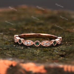 Vintage Emerald Stack Wedding Ring Half Eternity Diamond Stack Band Rose Gold Micro Pave Anniversary Ring Bridal Birthstone Gift For Women