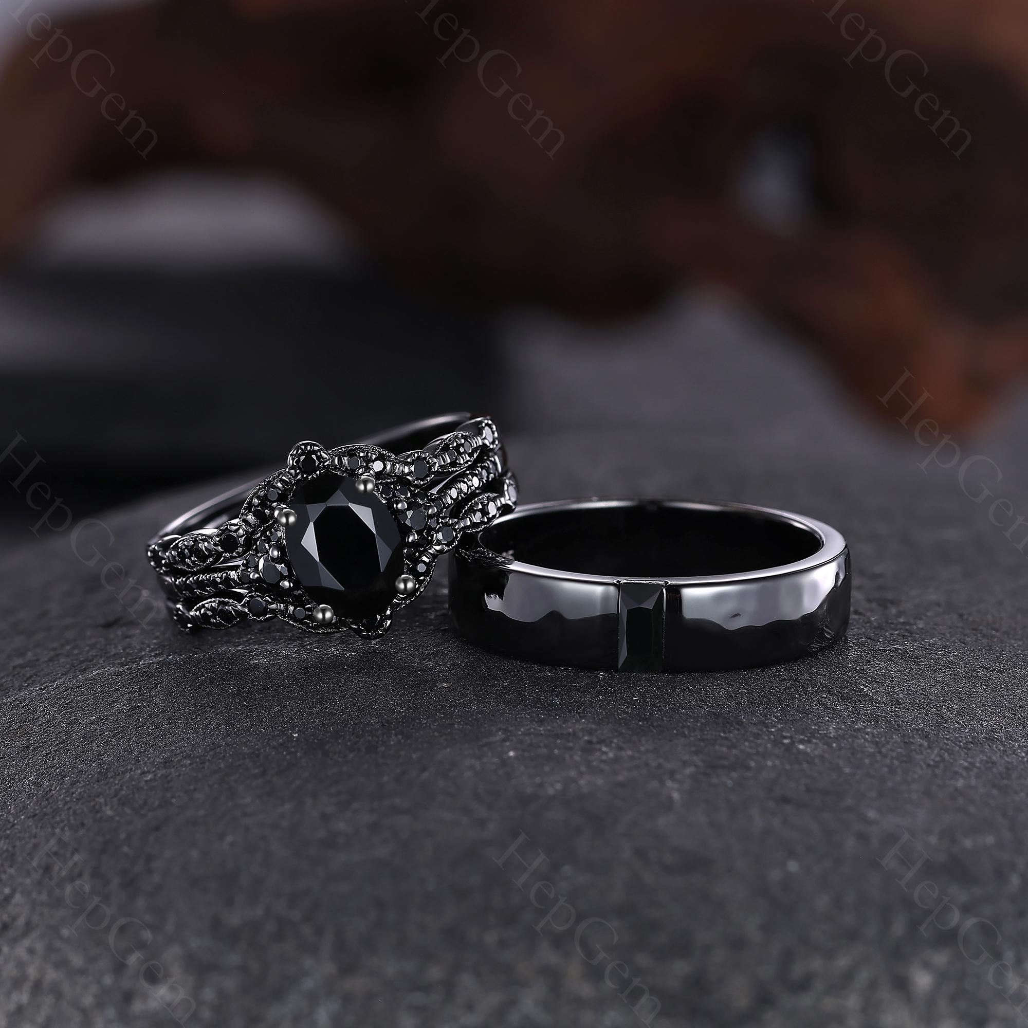 Gothic Black Onyx Couple Rings 14K Black Gold 3PCS Engagement