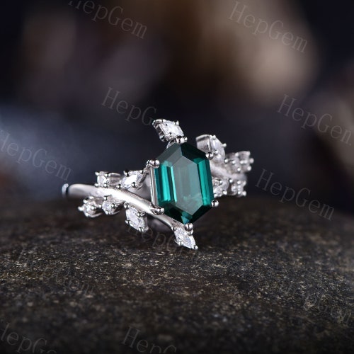Hexagon Emerald Engagement Ring,Rose Gold Floral Ring,Art Cluster Moissanite Stack Ring,May Birthstone shops Ring,Vintage Emerald Jewelry Gift