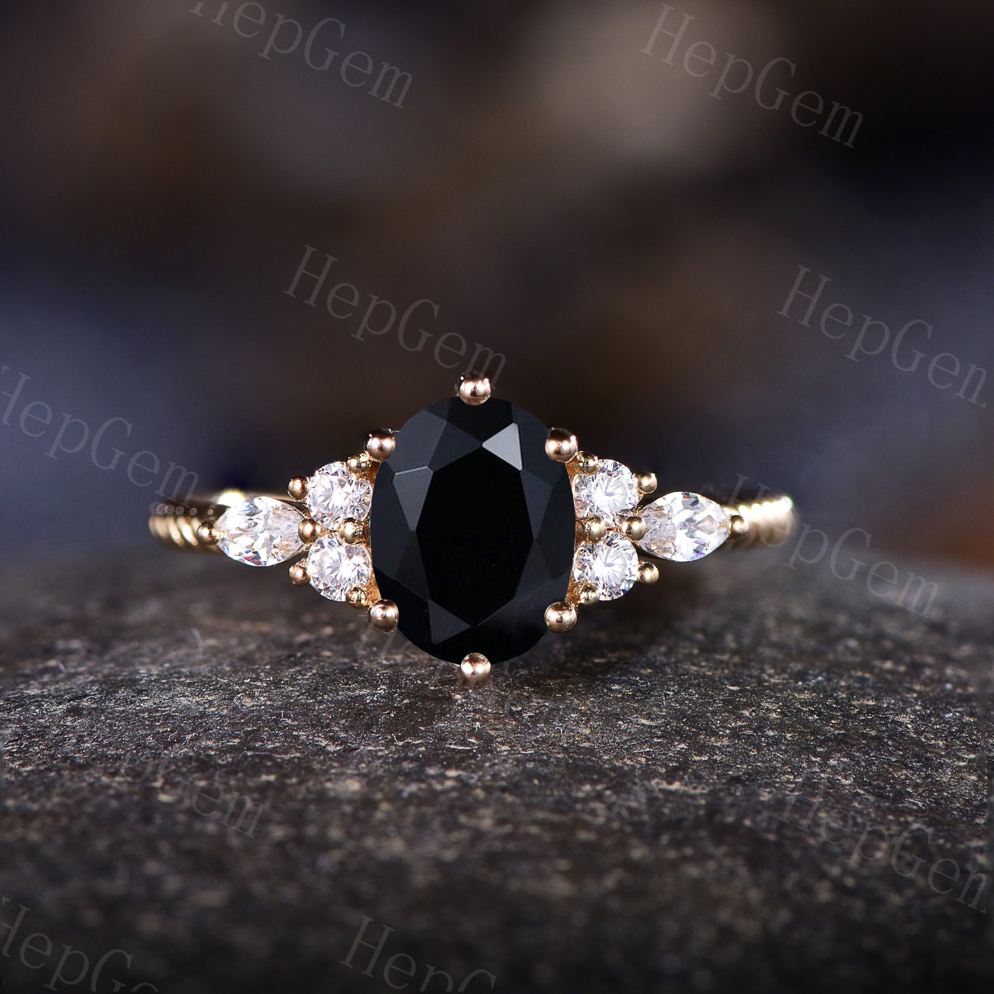 Oval Black Spinel Engagement Ring,art Decorope Band,bridal Ring