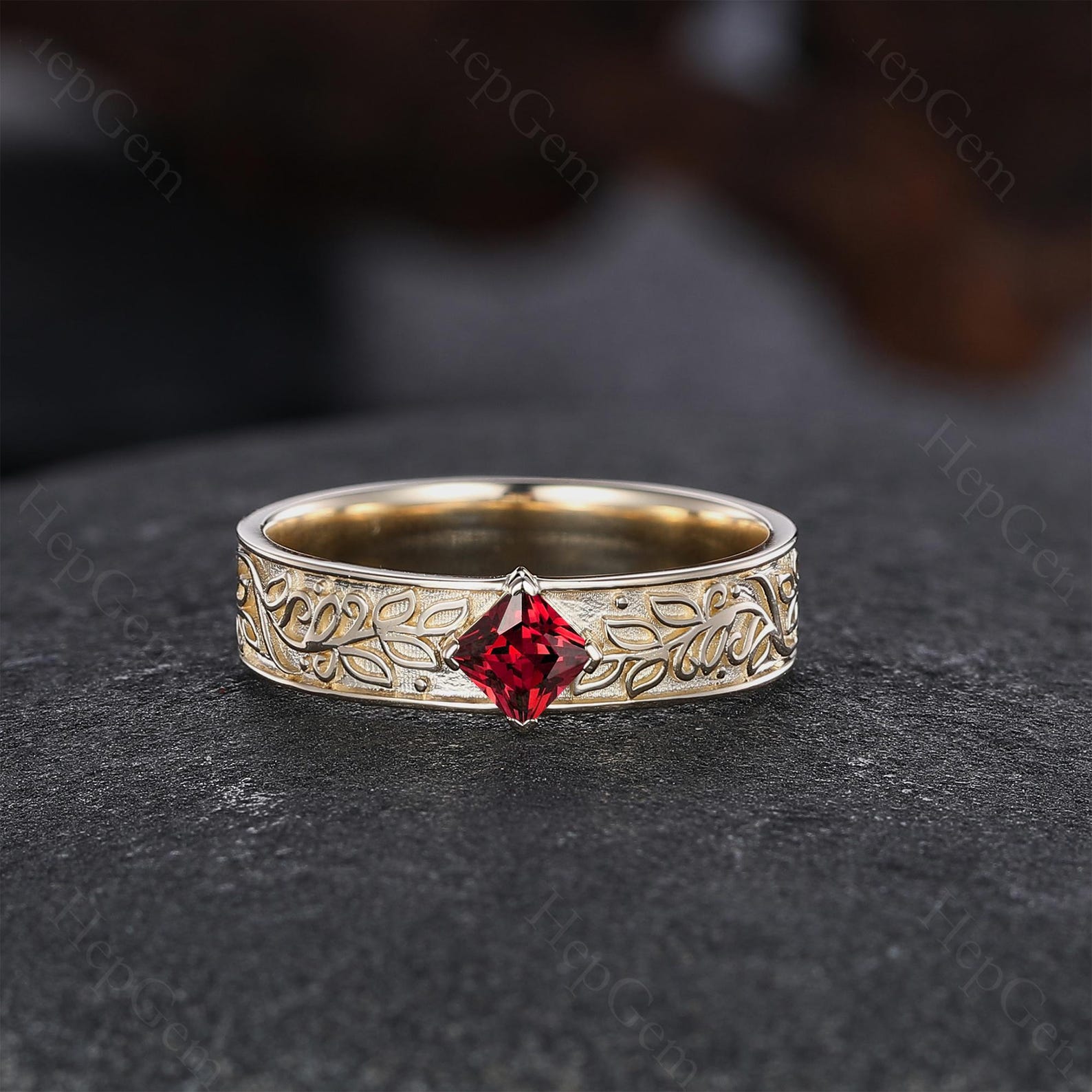 14K Yellow Gold Garnet Men Wedding Band Princess Cut Garnet Engagement 14K Yellow Gold Garnet Men Wedding Band Princess Cut Garnet Engagement