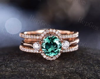 Round Cut Emerald Engagement Ring Set,Enhancer Wedding Band,Moissanite Bridal Ring,Rose Gold Diamond Anniversary Gift,June Birthstone