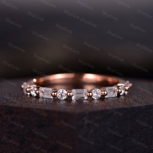 Antique Baguette Moissanite Wedding Ring Half Eternity Round Diamond Stack Band 14K Rose Gold Anniversary Ring Stack Ring Gift For Her