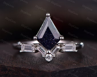 Galaxy Kite Shaped Blue Sandstone Engagement Ring Retro Baguette Moissanite Cluster Stacking Band Silver White Gold Women Sandstone Ring