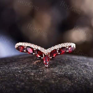 Marquise Garnet Ring, Rose Gold Garnet Wedding Band, Rings for Women, Curved Ring Vintage Marquise Garnet Stackable Band, Matching Rings
