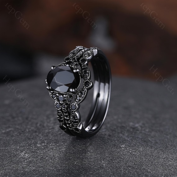 Gothic Black Onyx Couple Ring Set 3pc Black Onyx Bridal Set Gothic