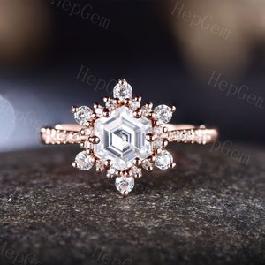 Hexagon Shaped Moissanite Engagement Ring Snowflake Silver Rose Gold Halo Diamond Anniversary Ring Stack Wedding Promise Ring Gift For Her