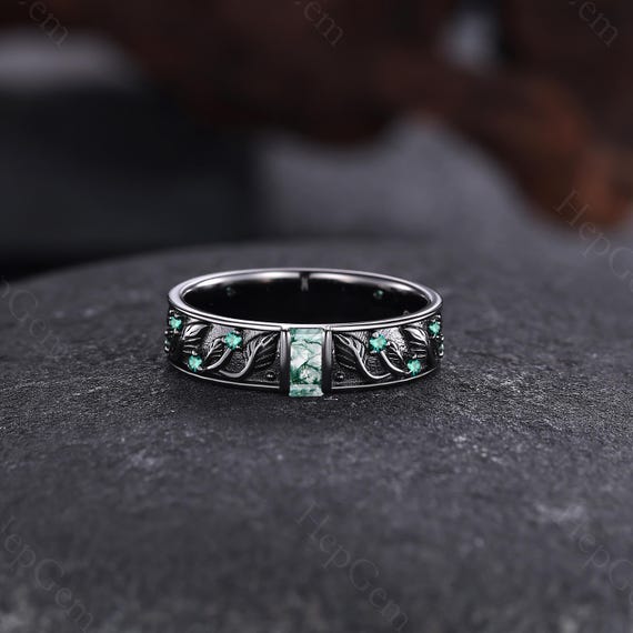 Moss Agate Mens Engagement Ring Nature-inspired Wedding Ring Twig Leaf Engraved Emerald Male Ring Green Wedding Band Birthday Gift for Him