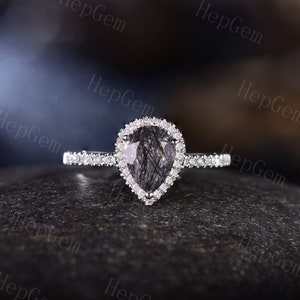 Vintage Black Rutilated Quartz Engagement Ring White Gold Ring Pear Shaped Bridal Ring Art Moissanite Ring Women Bridal Promise Gift For Her