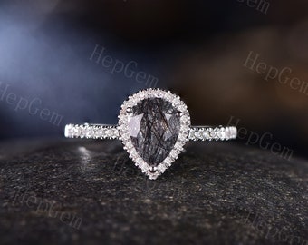 Vintage Black Rutilated Quartz Engagement Ring White Gold Ring Pear Shaped Bridal Ring Art Moissanite Ring Women Bridal Promise Gift For Her