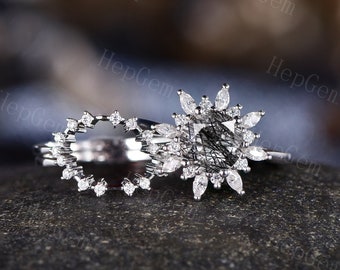 Vintage Black Rutilated Quartz Engagement Ring Set,Silver White Gold Chevron Wedding Ring Set,Marquise Bridal Ring For Women,Snowflake Ring