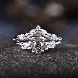 Vintage Black Rutilated Quartz Engagement Ring Set,Silver Rose Gold Chevron Wedding Ring,Marquise Bridal Ring For Women,Stack Wedding Ring