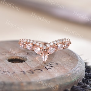 Marquise Morganite Curved Wedding Ring,Chevron Stack Wedding Band,Rose Gold Anniversary Ring,Statement Stack Ring,Bridal Ring Gift For Women