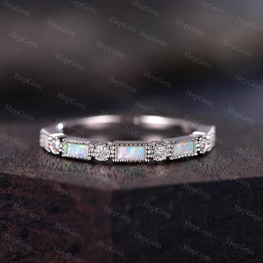 Baguette Opal Wedding Band October Birthstone Wedding Ring Opal Stack ...