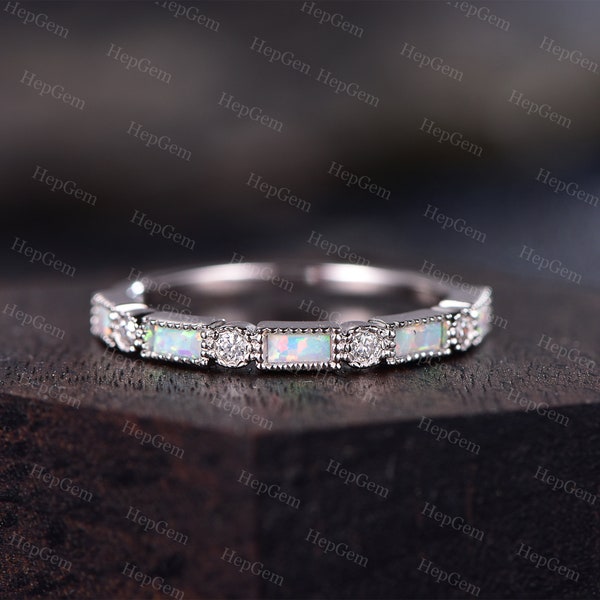 Baguette Opal Wedding Band October Birthstone Wedding Ring Opal Stack Band Promise Vintage Opal Anniversary Gift For Women Half Eternity