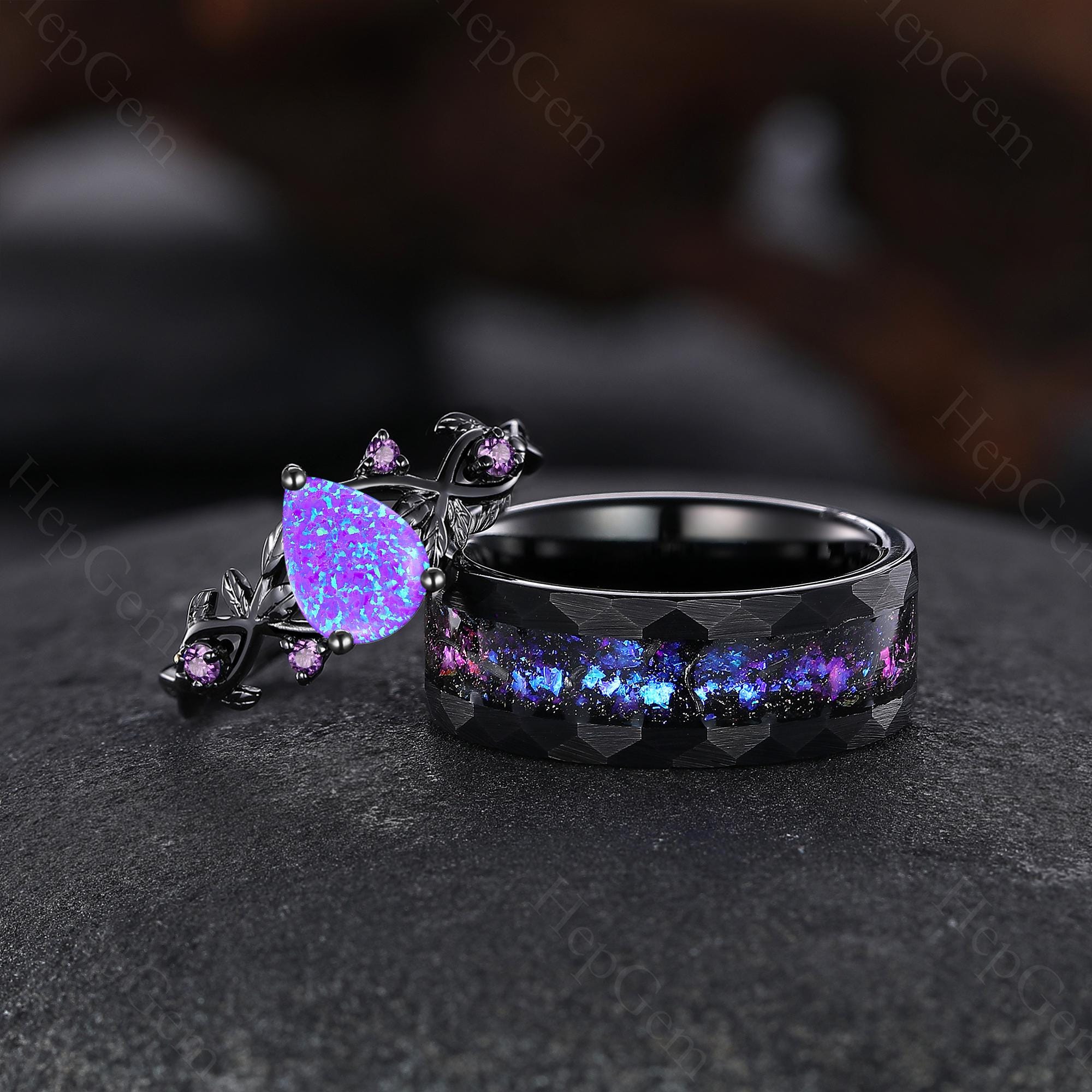 Vintage Pear Lavender Purple Opal Matching Couple Rings Opal Wedding Ring Set Opal Twig Leaf Ring Meteorite Tungsten Ring Gift for Couples