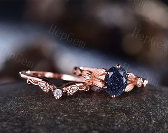 Vintage Galaxy Ring Set,Oval Blue Sandstone Engagement Ring Set,Silver Rose Gold Nature Inspired Leaf Engraved Solitaire Moissanite Ring