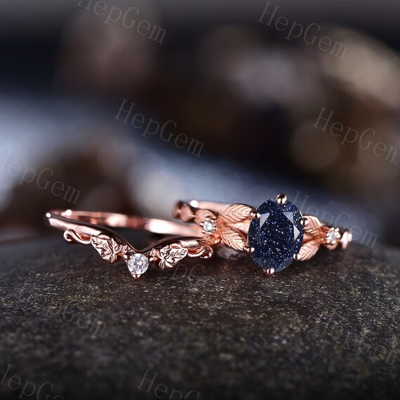 Galaxy Blue Sandstone Ring Women 14K Gold Hexagon Cluster Engagement Ring Blue Goldstone Engagement Ring Split Shank Moissanite Wedding Ring 18K White