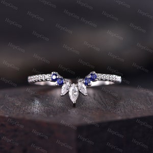 Chevron Marquise Moissanite Wedding Band,Curved Sapphire Stack Matching Ring ,Silver White Gold Women Ring,Anniversary Bridal Promise Ring
