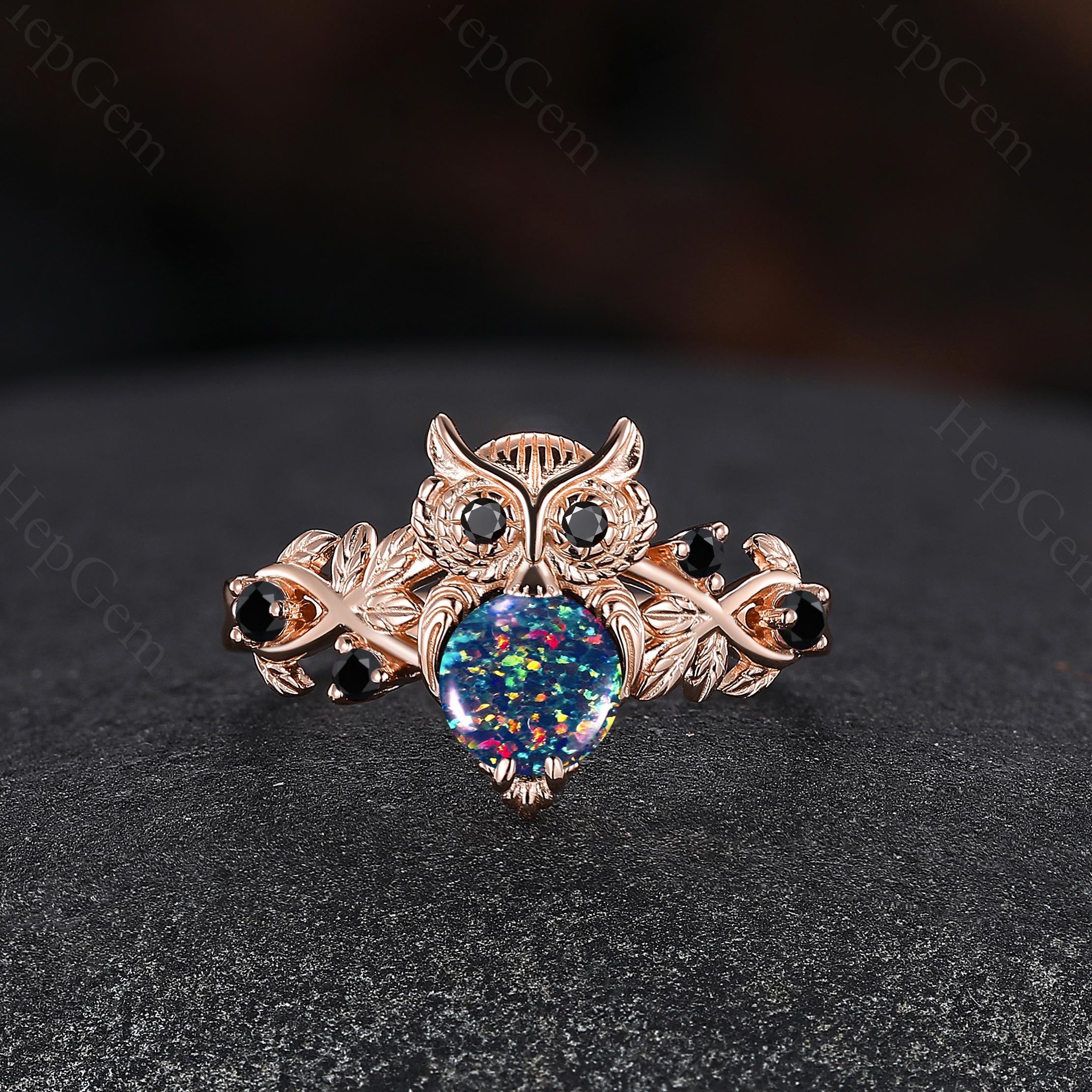 Vintage Owl Black Opal Ring Unique Owl Rose Gold Engagement Ring Fire Opal & Black Spinel Cluste