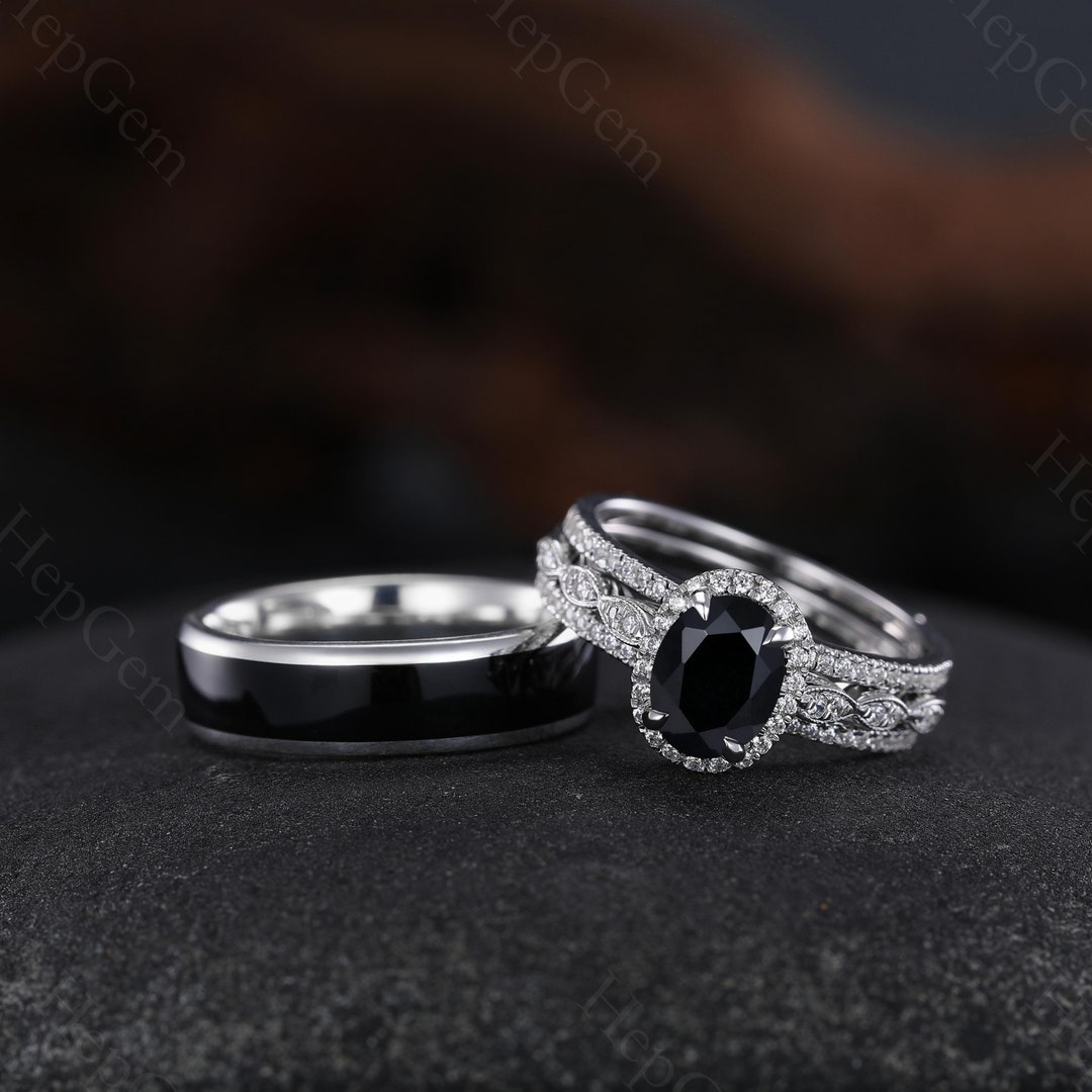 Black Onyx Engagement Rings Meaning Black Onyx Engagement Ring Set 2PC Couple Rings Oval Black Onyx Women's