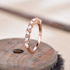 Marquise Cut Fire Opal Wedding Band,14k Rose Gold Morganite Stackable Ring&lt;June Birthstone Wedding Ring ,Anniversary Birthday Gift For Women