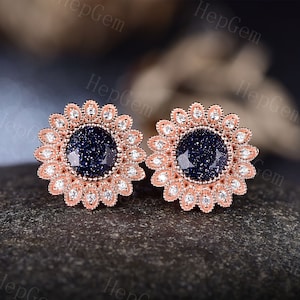 Runde Blaue Sandstein Ohrringe,Rose Gold Blütenblatt Moissanit Halo Ohrringe,Silber Ohrringe,Schneeflocke zierliche Galaxie Edelstein Schmuck,Versprechen Geschenk