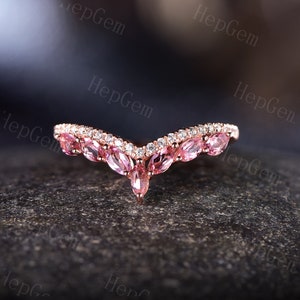 Marquise Morganite Curved Wedding Ring,Chevron Stack Wedding Band,Rose Gold Anniversary Ring,Statement Stack Ring,Bridal Ring Gift For Women
