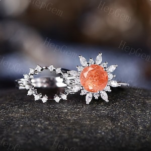Round Orange Sunstone Ring Set,Cluster Marquise Moissnaite,Sunstone Engagement Ring,White Gold Bridal Ring,Anniversary Birthstone Gift Ring