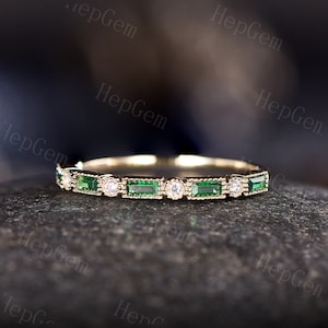 Baguette Emerald Wedding Band Half Eternity Band Art Deco Stacking Ring Anniversary Ring Silver Rose Gold Milgrain Birthstone Gift For Women