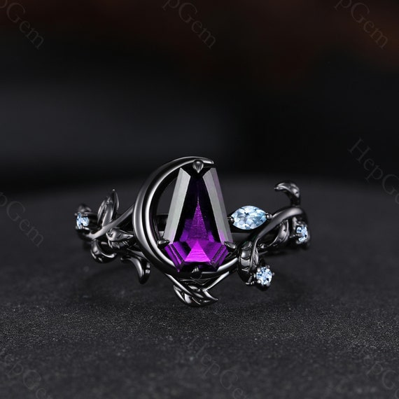 Vintage Coffin Shape Amethyst Engagement Ring Set Moon and Star - Main Image