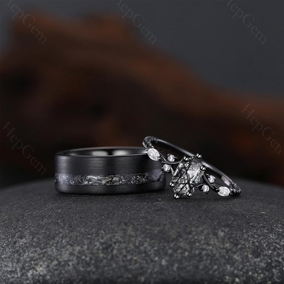 Matching Wedding Ring Sets For Couples - Women's Gold Plated CZ Ring & Men's Tungsten Band